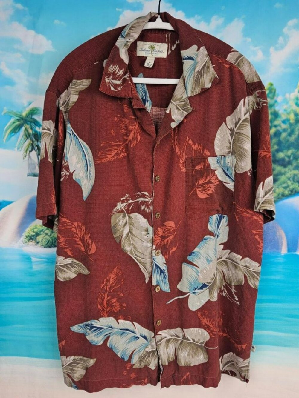 Hawaiian Shirt Silk Mens L Washable Large Leaf Print Island Shores Vacation